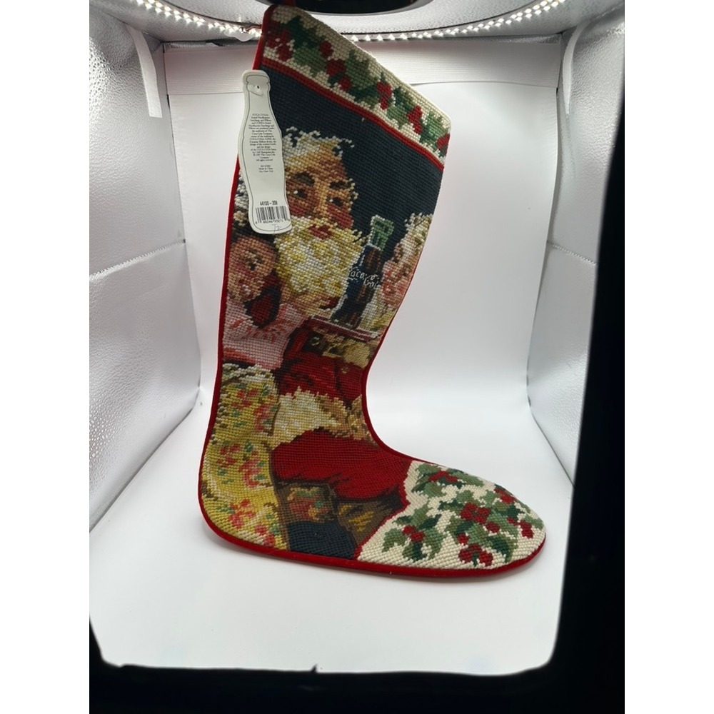 Vintage 1997 Coca-Cola Santa Needlepoint Christmas Stocking Red Velvet 44100-358